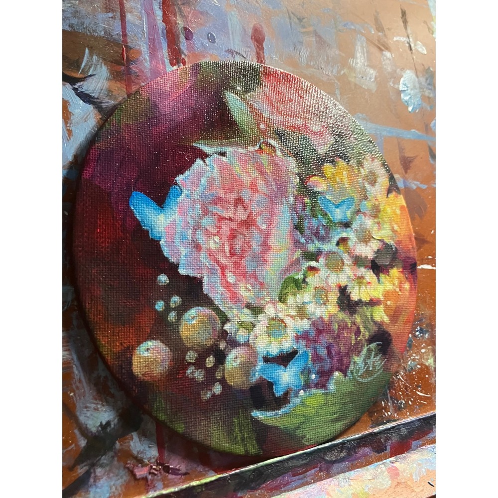 Artettina Original Floral Butterfly painting round art flower surreal Bouquet US - Picture 4 of 8